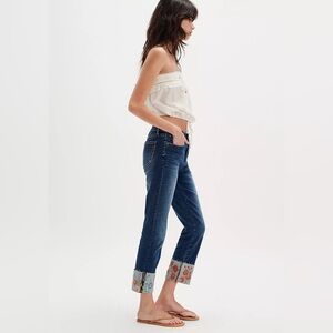 DRIFTWOOD Colette Blue Flare Wide Leg Jeans with Floral Cuffs